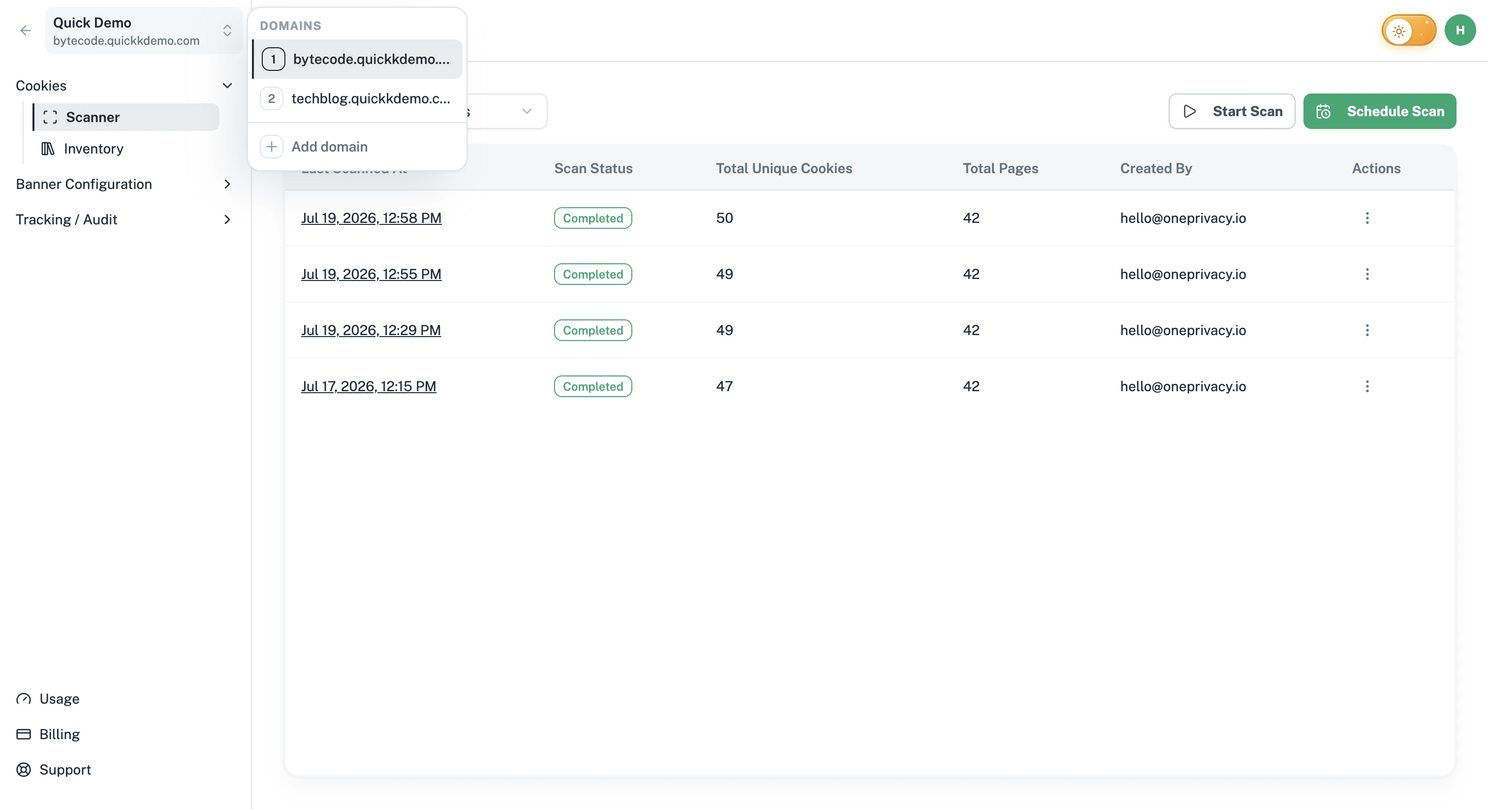 The project switcher dropdown showing the list of projects in the current workspace.