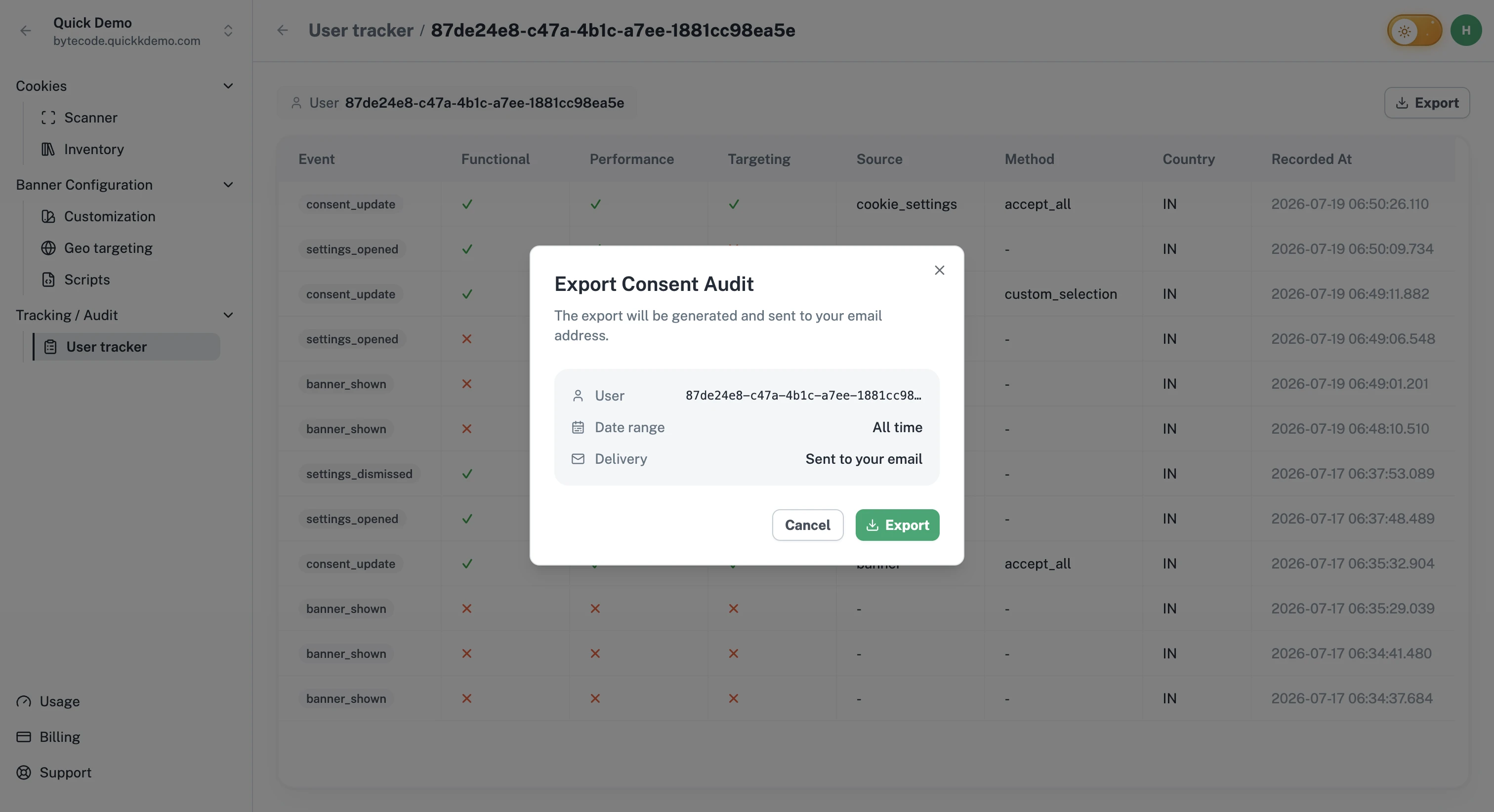 The Export Consent Audit dialog showing the user, date range, and email delivery destination.
