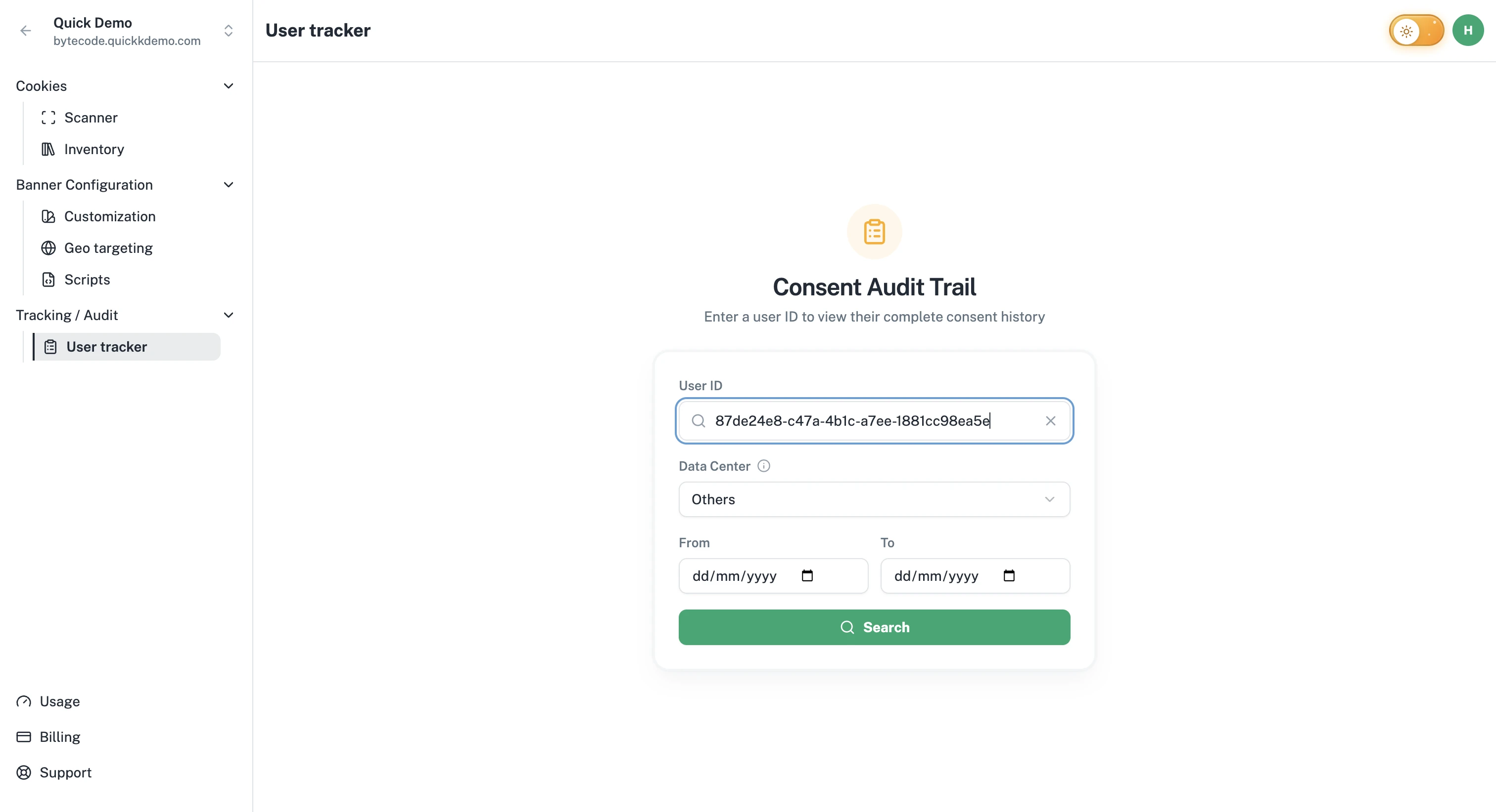 The Consent Audit Trail search screen with the User ID, Data Center, and From/To date inputs.
