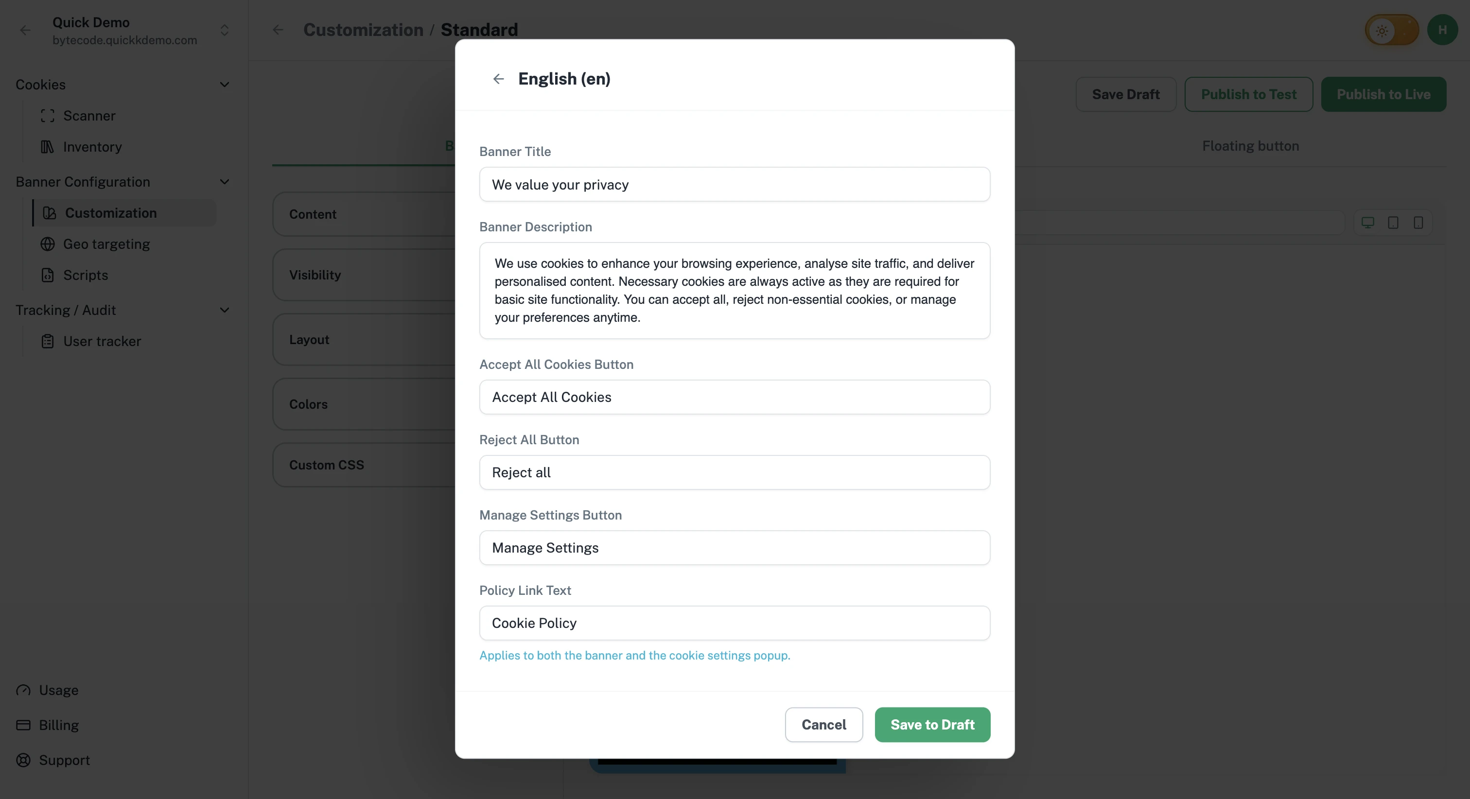 The content fields popup with the banner text and button labels in editable inputs.