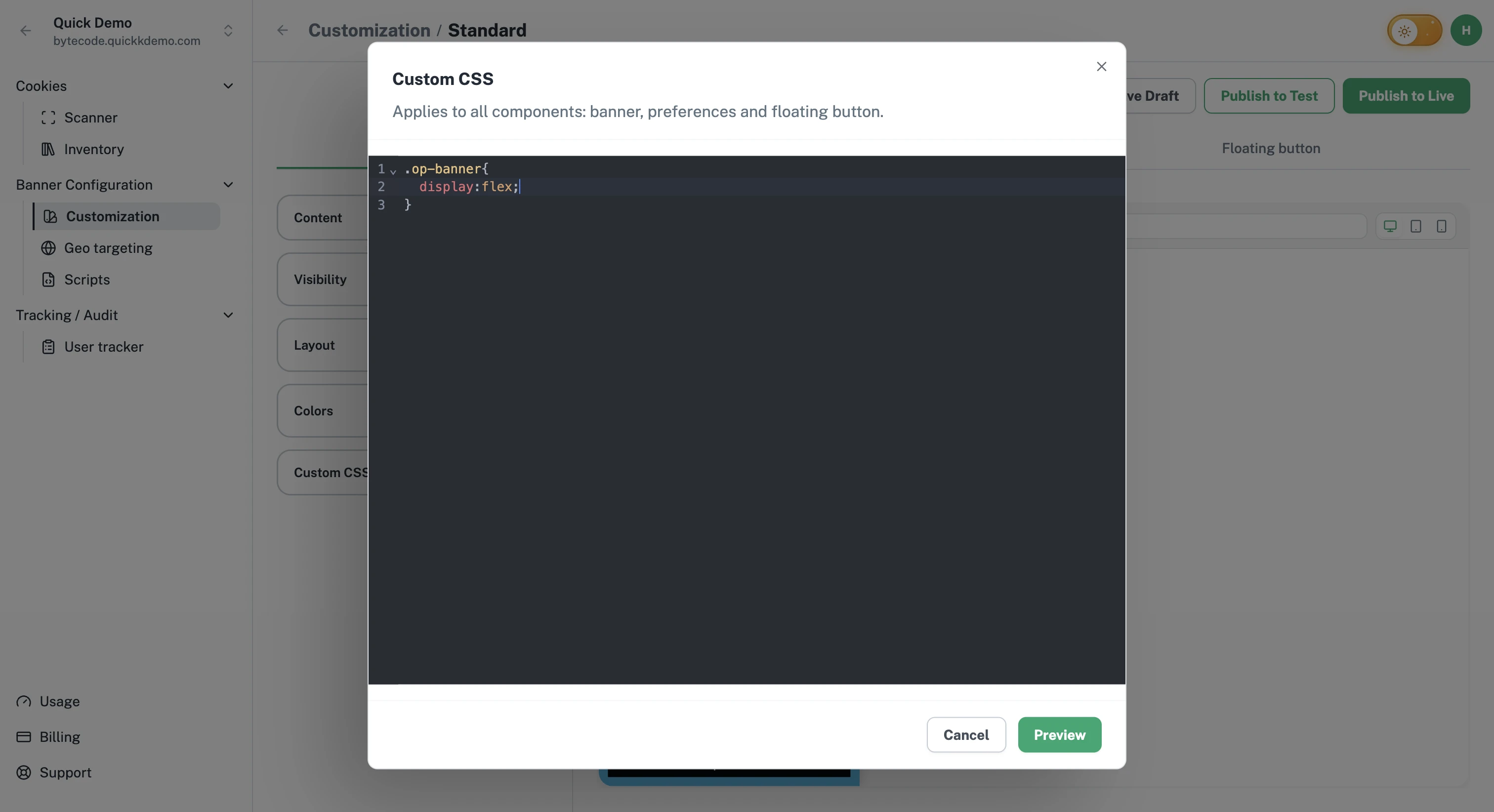 The Custom CSS editor with a code area and a Preview button.