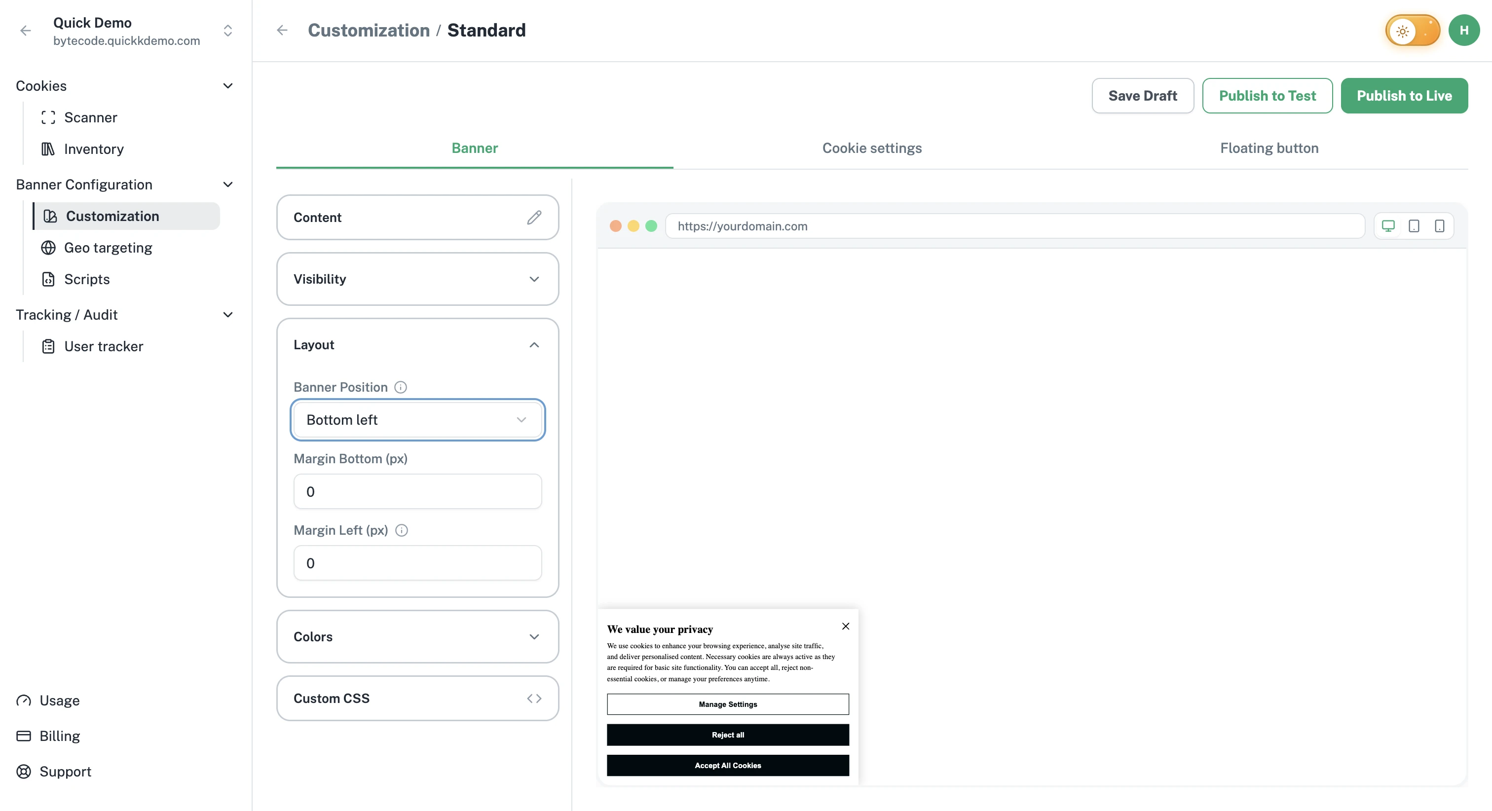 The Layout accordion expanded with the Banner Position dropdown and the margin inputs.