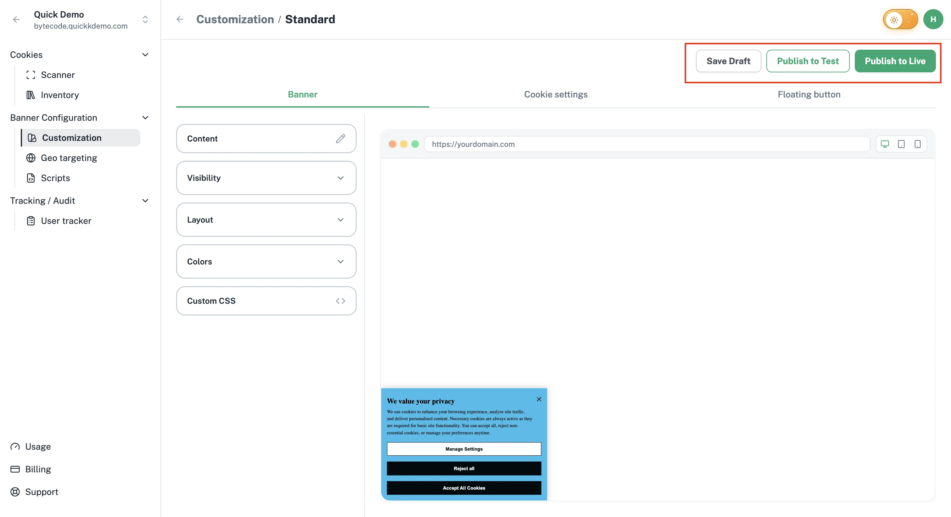 The Save Draft, Publish to Test, and Publish to Live buttons in the Customization screen.