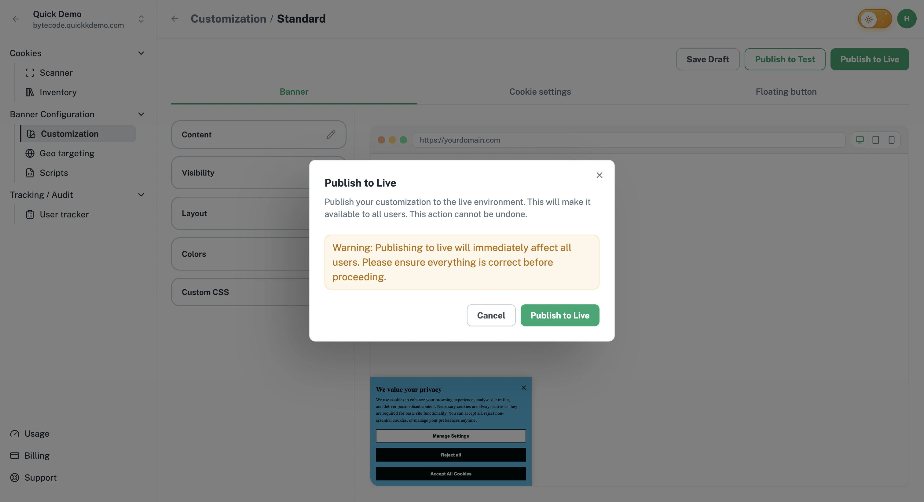 The Publish to Live confirmation dialog with a warning that the change reaches all visitors immediately.