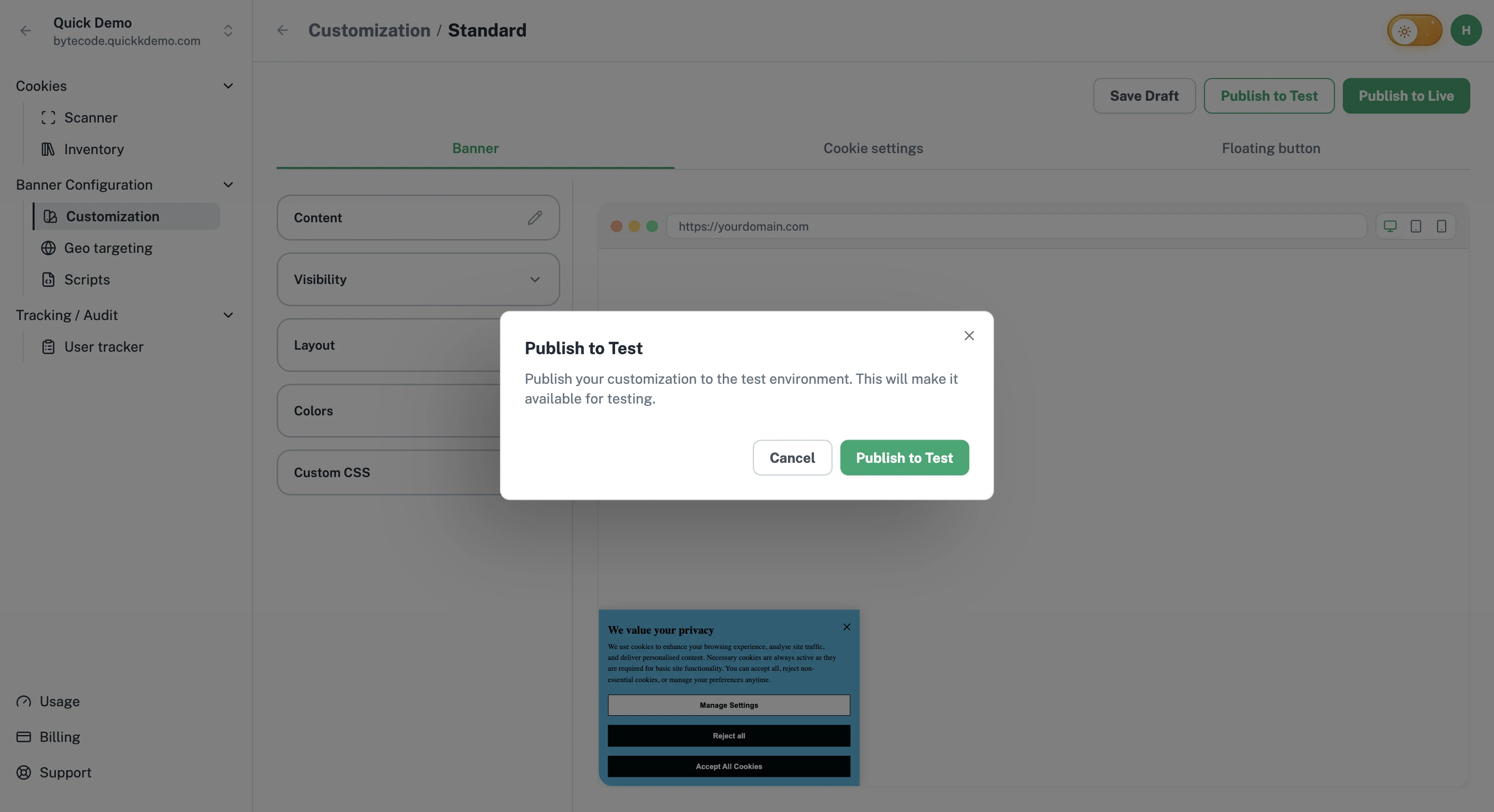 The Publish to Test confirmation dialog with Cancel and Publish to Test buttons.