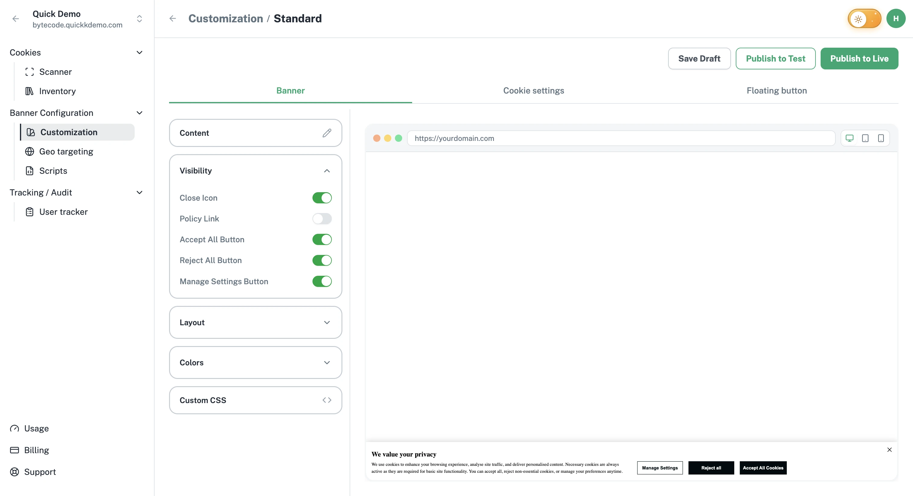 The Visibility accordion expanded with toggles for each button and icon.