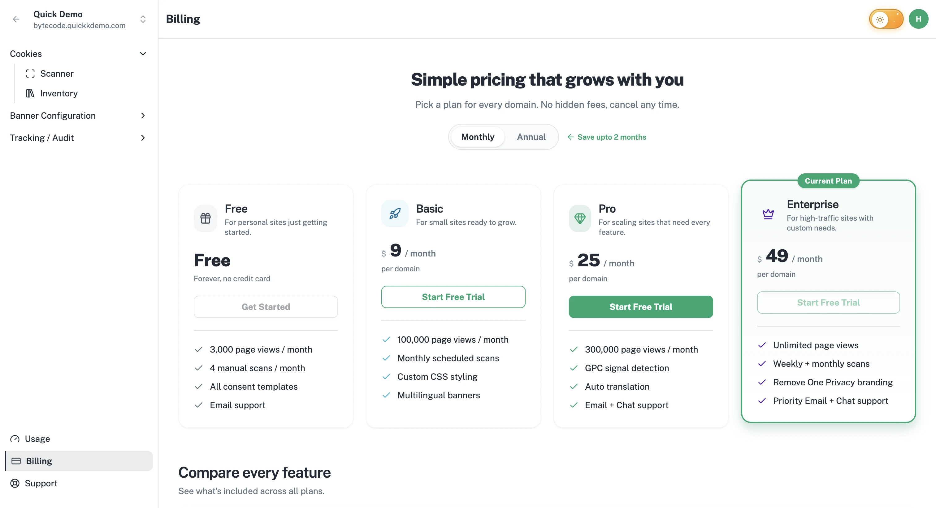The Billing page with plan cards across the top and the comparison table below.