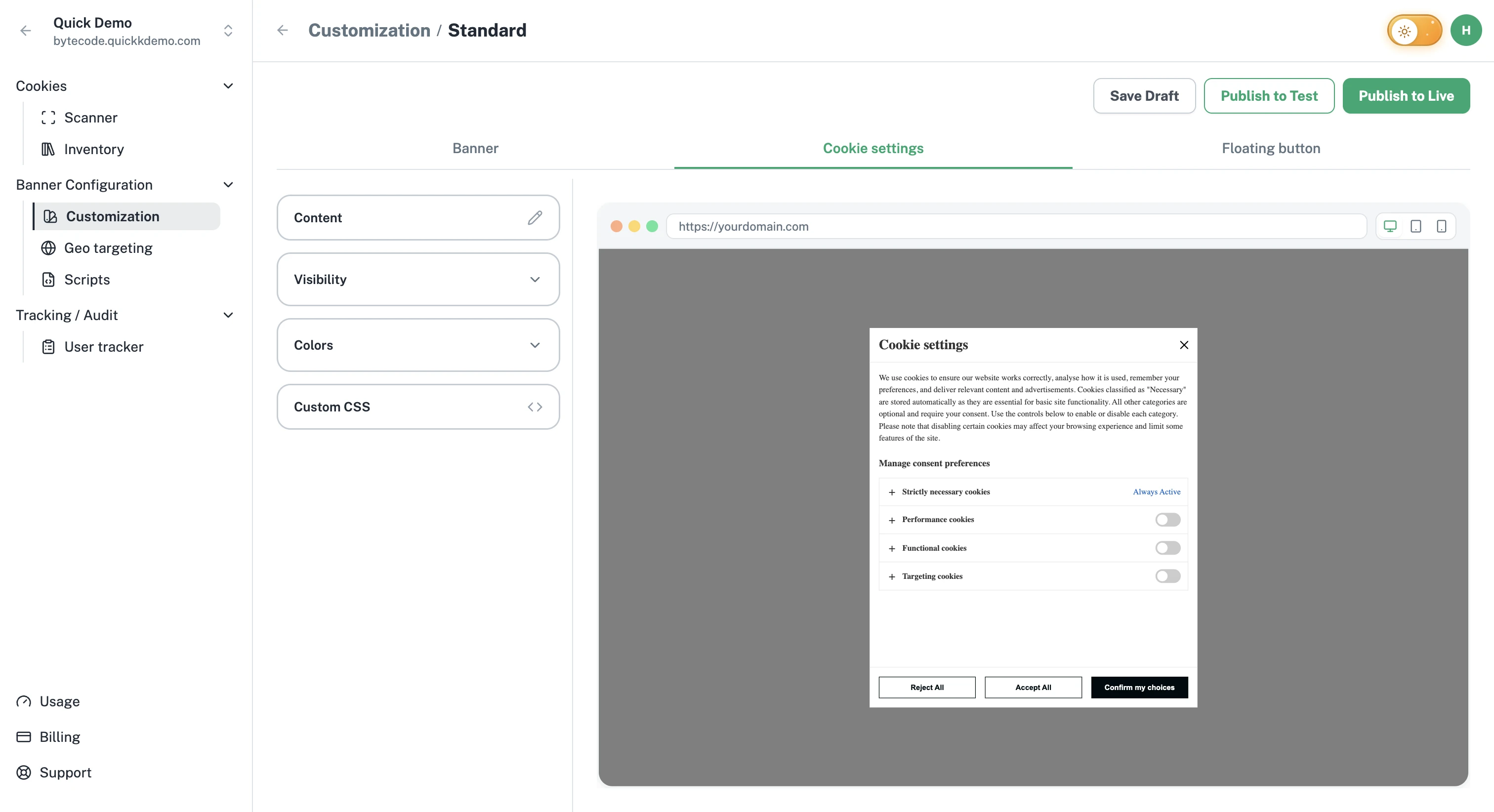 The Cookie settings tab open with the Visibility, Layout, and Colors accordions on the left and the popup preview on the right.