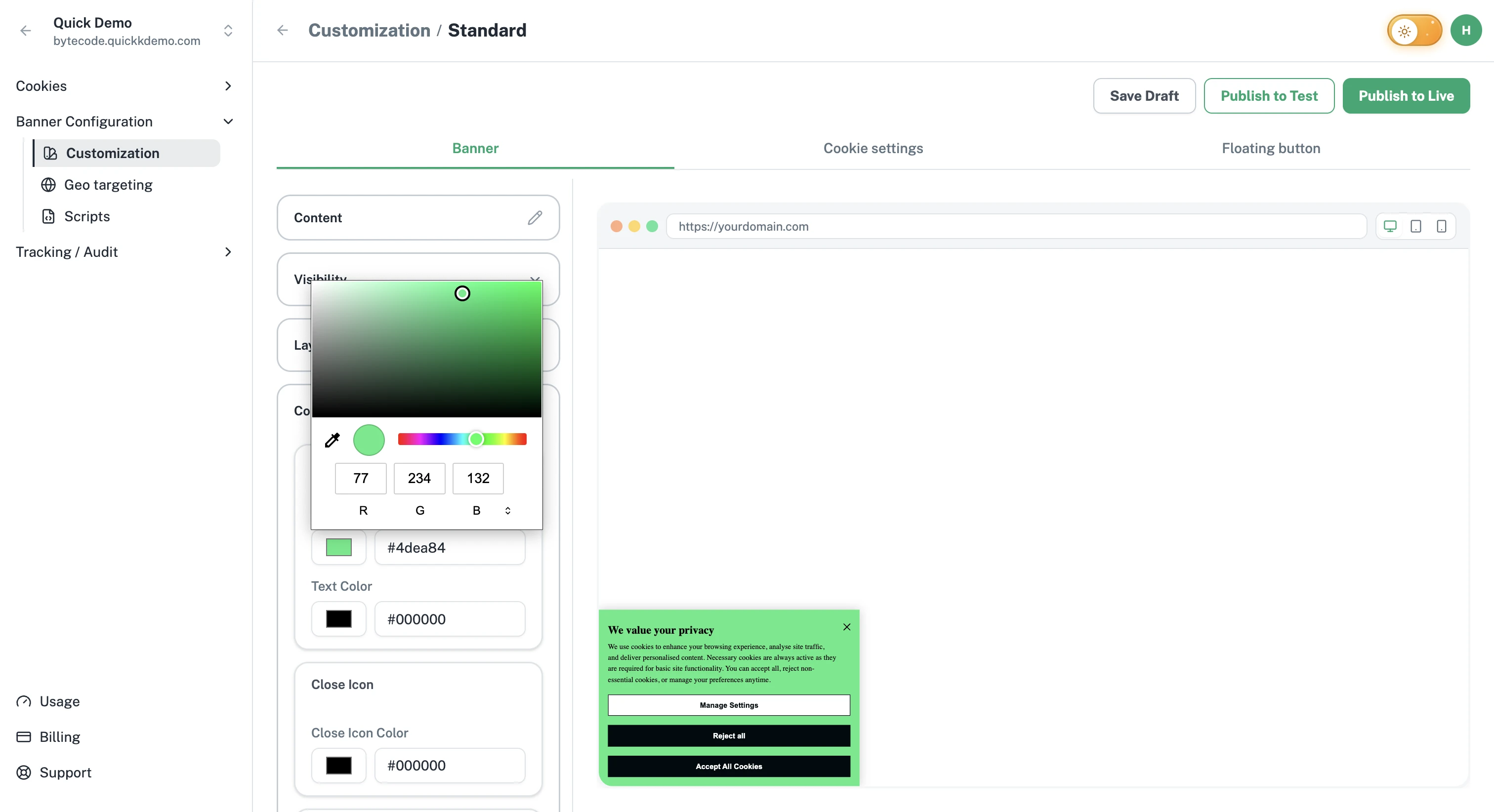The banner customization screen with a live preview on the right.