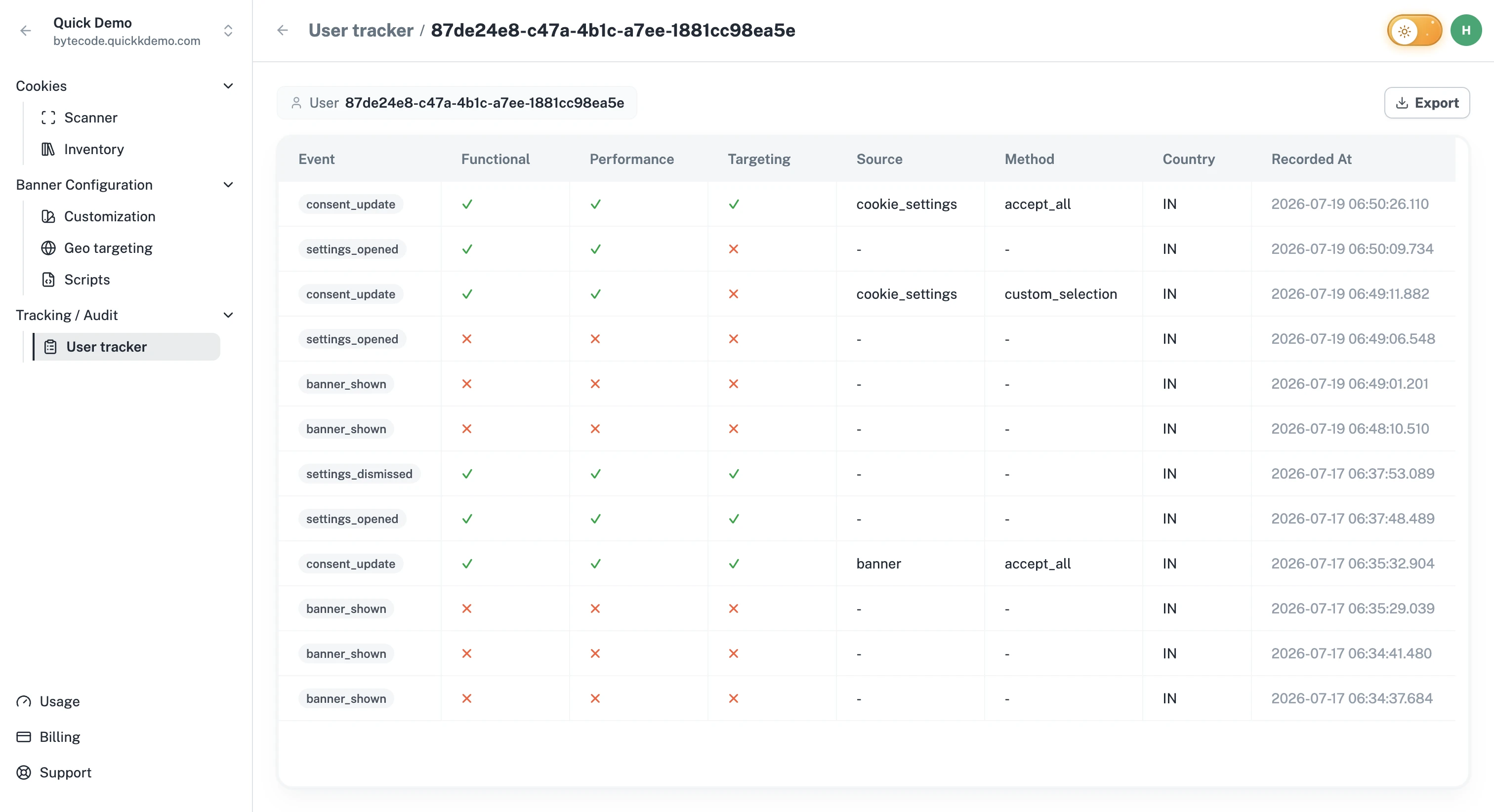 The Consent Audit screen with filters and search.