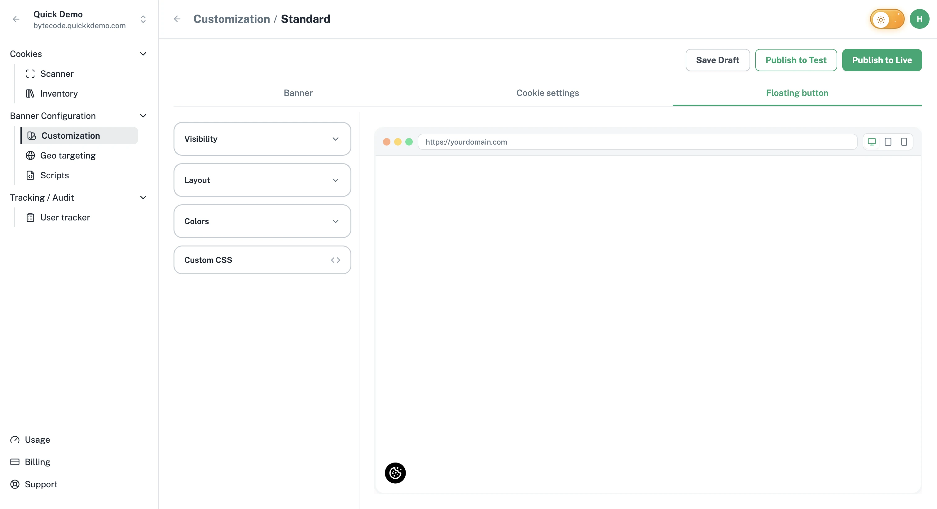 The Floating button tab open with Visibility, Layout, and Colors accordions and the live preview.