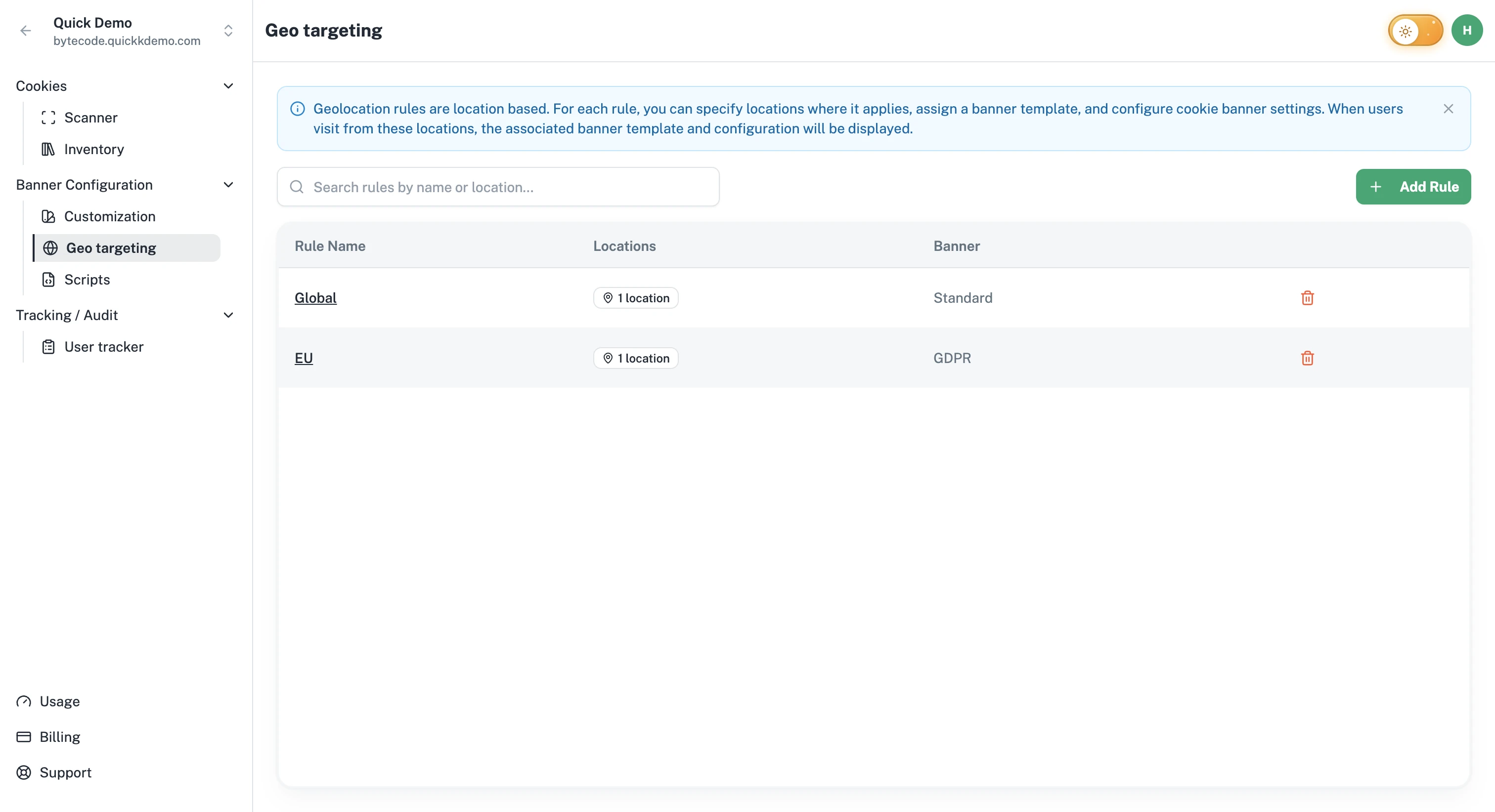 The Geo Targeting page with the list of rules, search, and the Add Rule button.