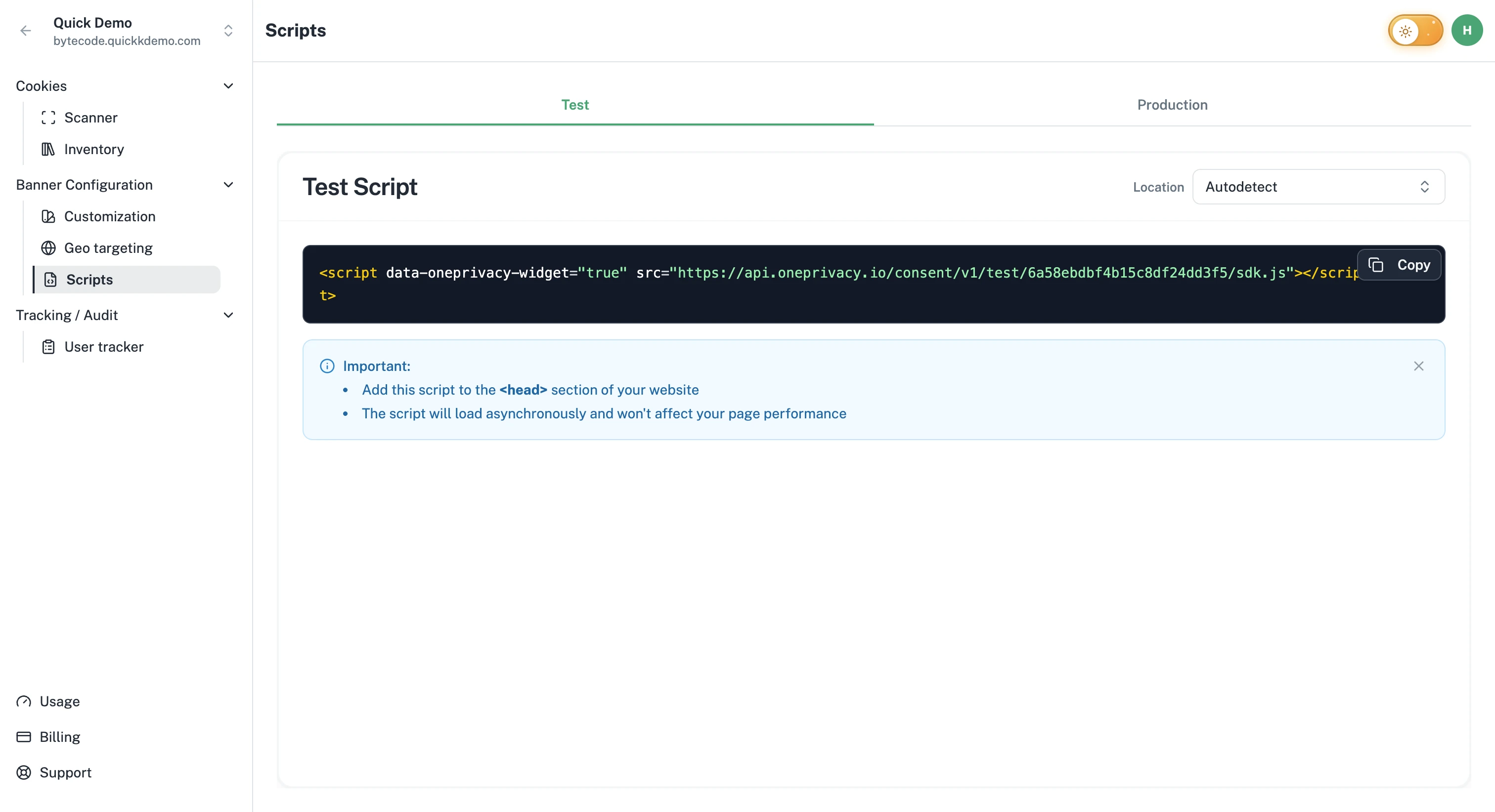 The Scripts page with the Test and Production tabs and the install snippet.