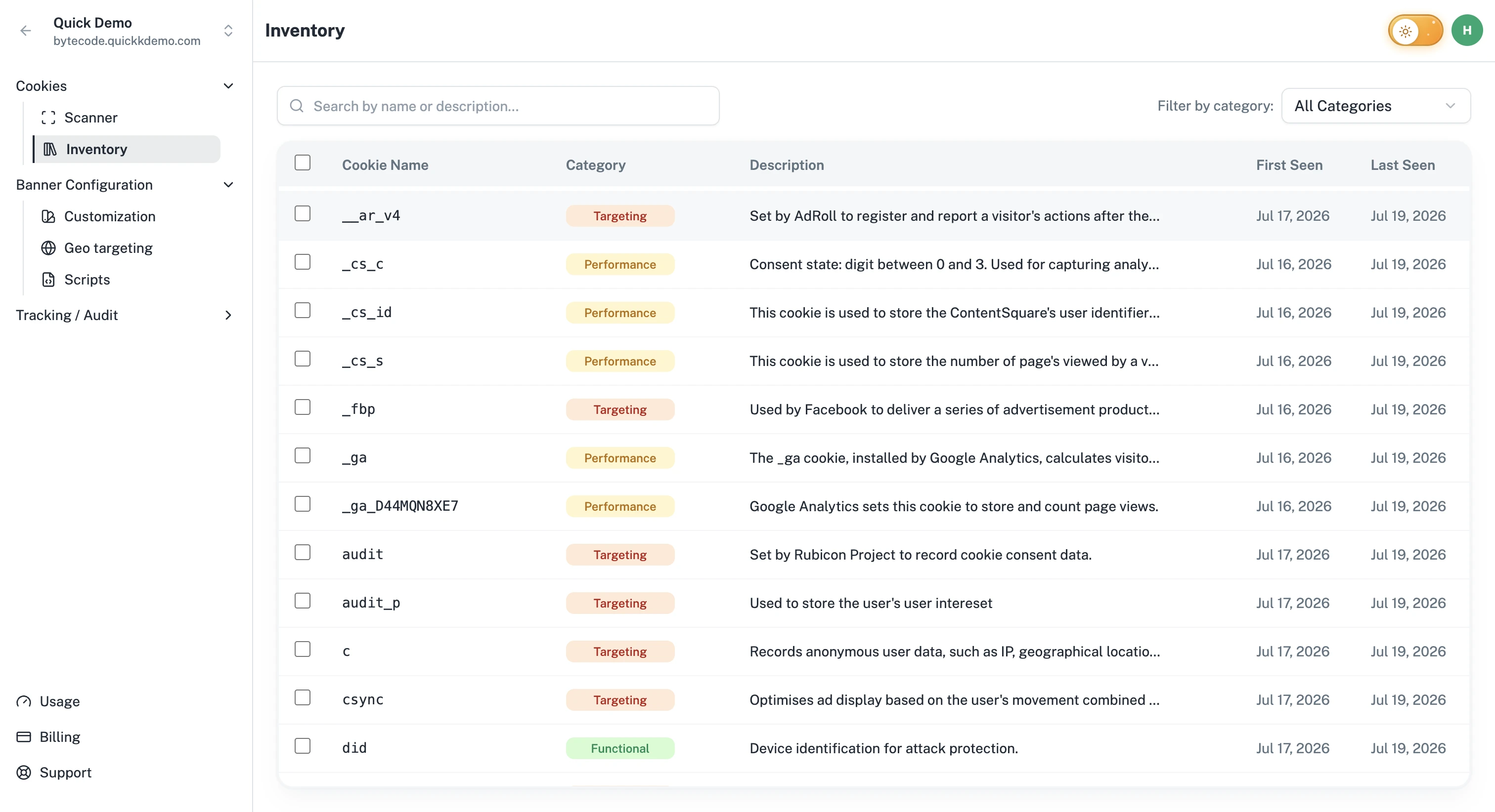 The Cookie Inventory page with the search bar, category filter, and the cookie table.
