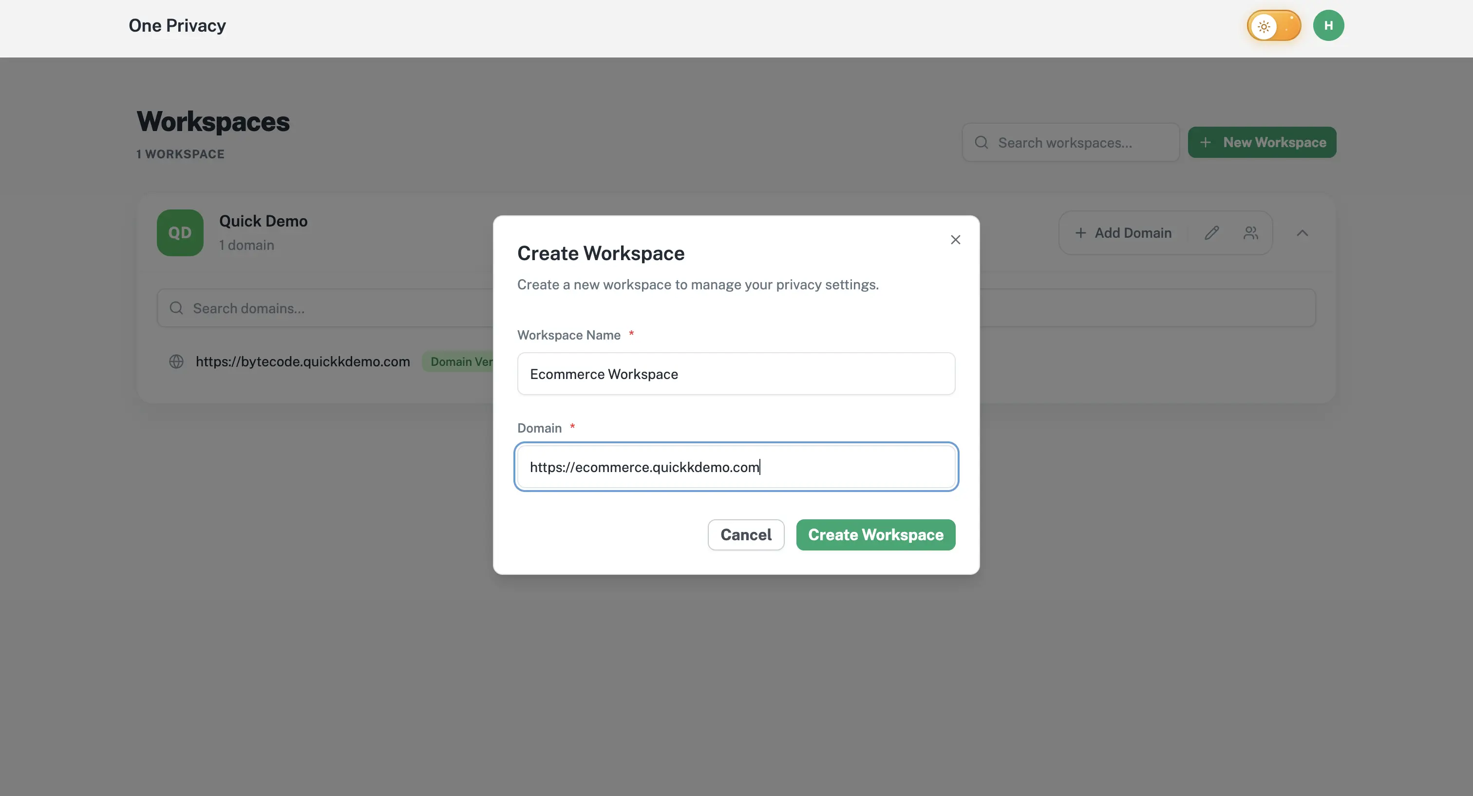 The Create Workspace dialog with the name, website, privacy policy, and automatic setup fields.