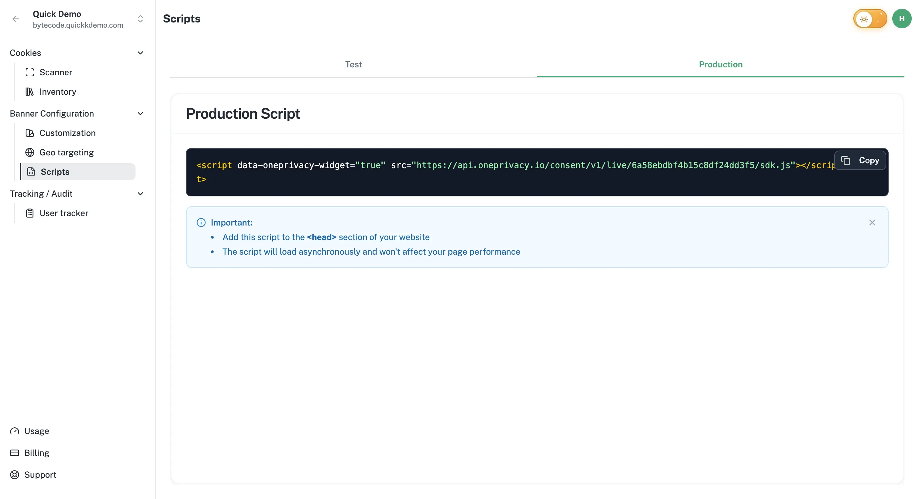 The Scripts page with Test and Production tabs.