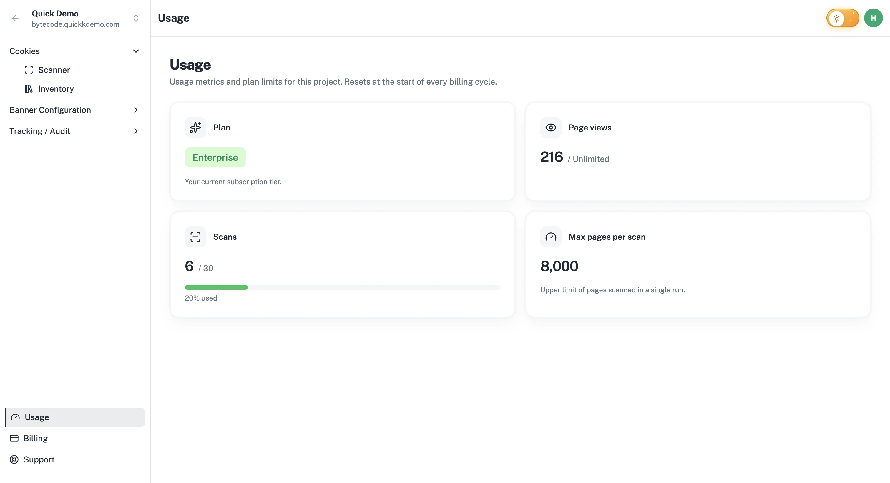 The Usage page with the current plan, max pages per scan, and progress bars for page views and scans.