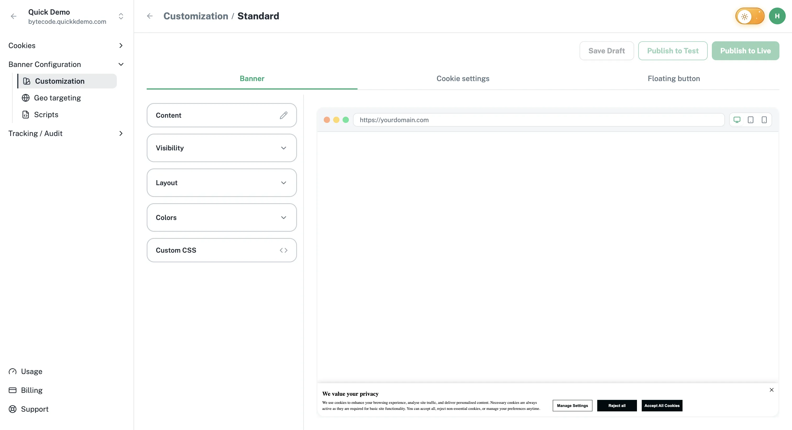 A wide screenshot of the One Privacy dashboard with the live banner preview.